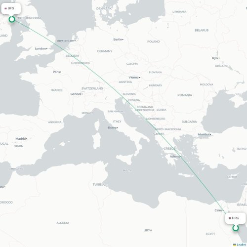Mapa de vuelo directo Hurgada - Belfast
