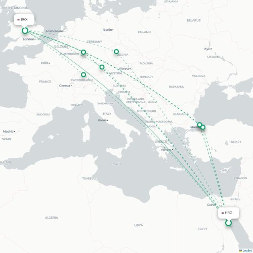 Mapa de vuelo directo Hurgada - Birmingham