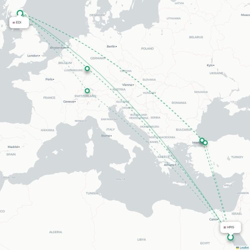Mapa de vuelo directo Hurgada - Edimburgo