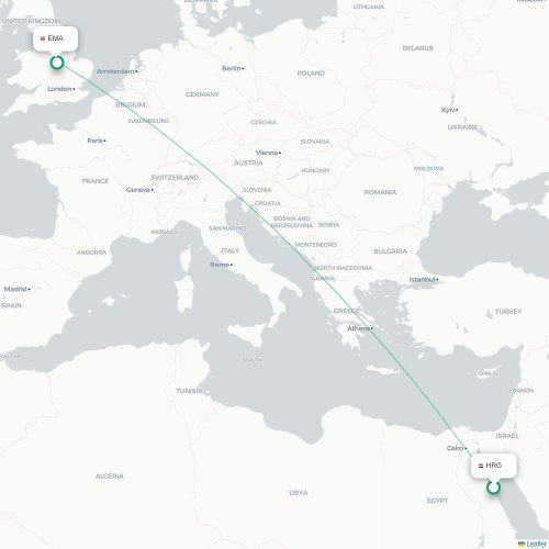 Mapa de vuelo directo Hurgada - Nottingham
