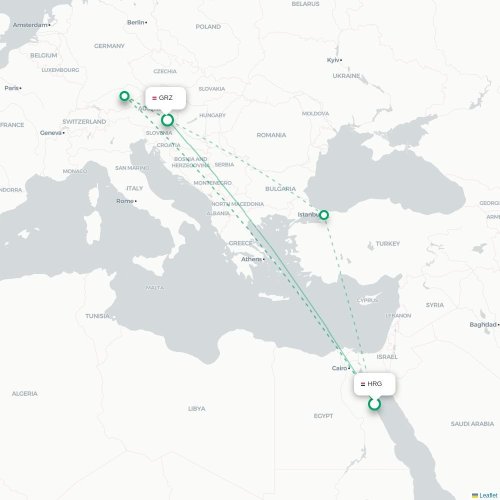 Mapa lotu bezpośredniego Hurghada – Graz