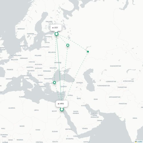 Mapa de vuelo directo Hurgada - San Petersburgo