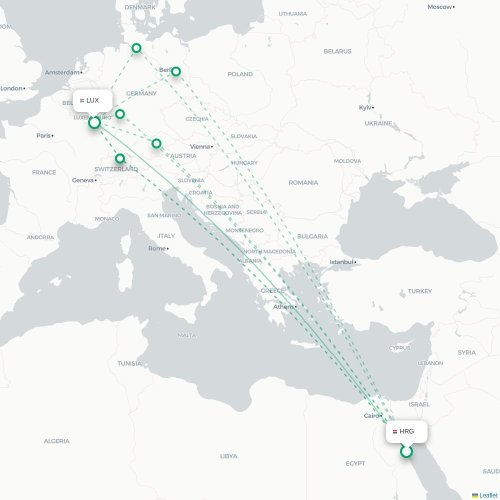 Mapa de vuelo directo Hurgada - Luxemburgo