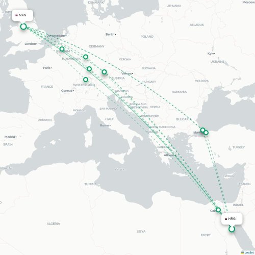 Mapa de vuelo directo Hurgada - Mánchester