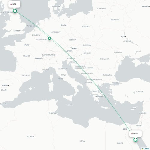 Mapa de vuelo directo Hurgada - Newcastle-upon-Tyne