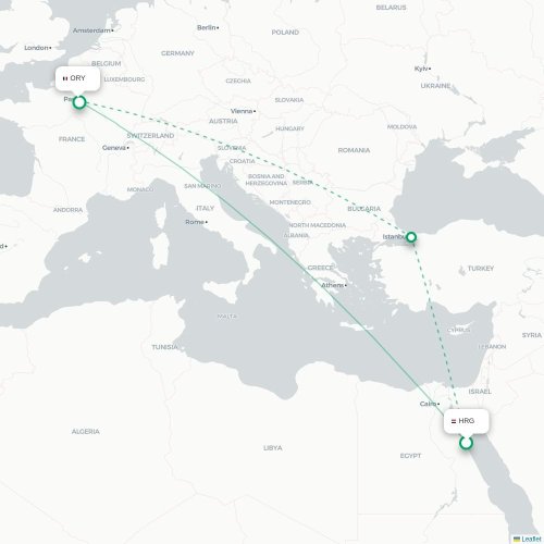 Mapa de vuelo directo Hurgada - París