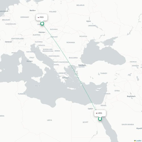 Mapa lotu bezpośredniego Hurghada – Pardubice