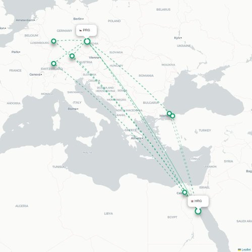 Mapa lotu bezpośredniego Hurghada – Praga