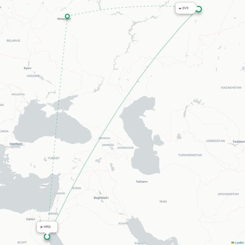 Mapa de vuelo directo Hurgada - Ekaterinburgo