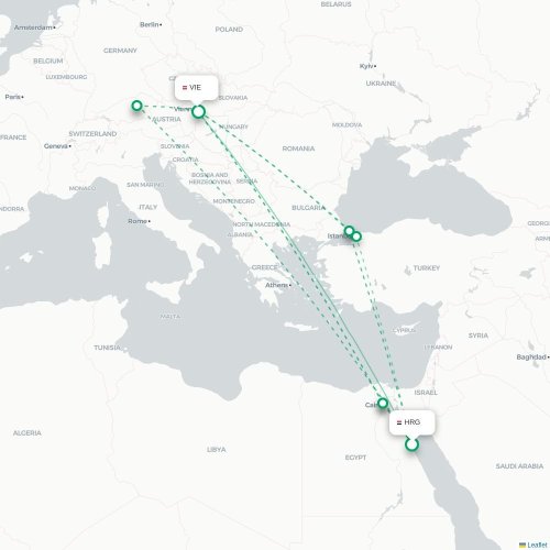 Mapa lotu bezpośredniego Hurghada – Wiedeń