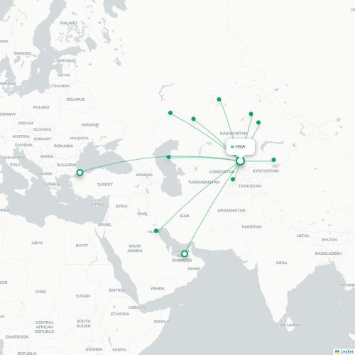 Mapa de vuelo directo Turkestan (Ongtüstik) - Kostanái