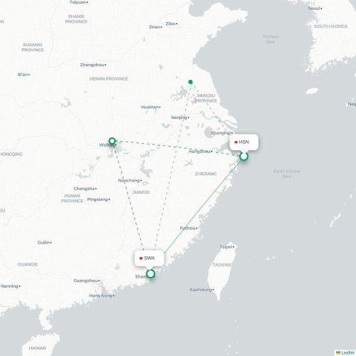 Mapa lotu bezpośredniego Zhoushan – Jieyang