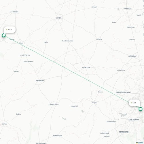 Mapa de vuelo directo Hissar - Nueva Delhi