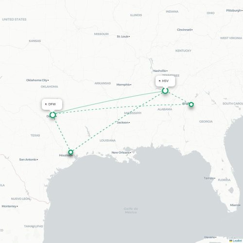 Mapa de vuelo directo Huntsville - Dallas