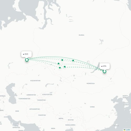 Mapa lotu bezpośredniego Chita – Jekaterynburg