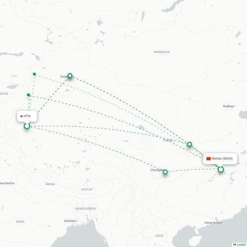 Mapa lotu bezpośredniego Hoten – Wuhan