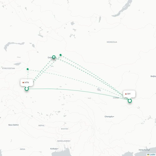 Mapa lotu bezpośredniego Hoten – Xi'an