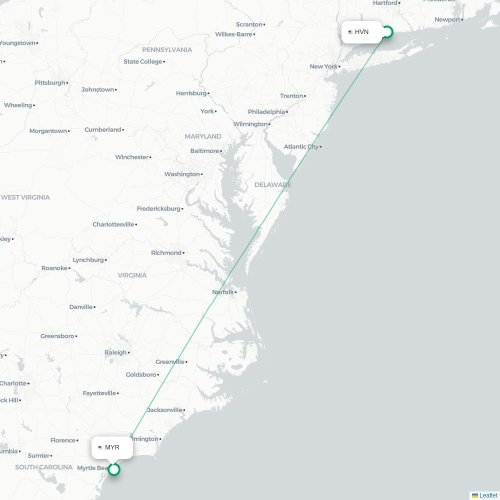 Mapa lotu bezpośredniego New Haven – Myrtle Beach