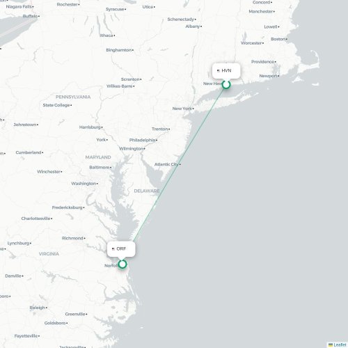 Mapa lotu bezpośredniego New Haven – Norfolk