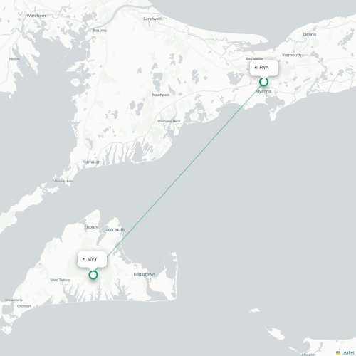 Mapa de vuelo directo Hyannis - West Tisbury