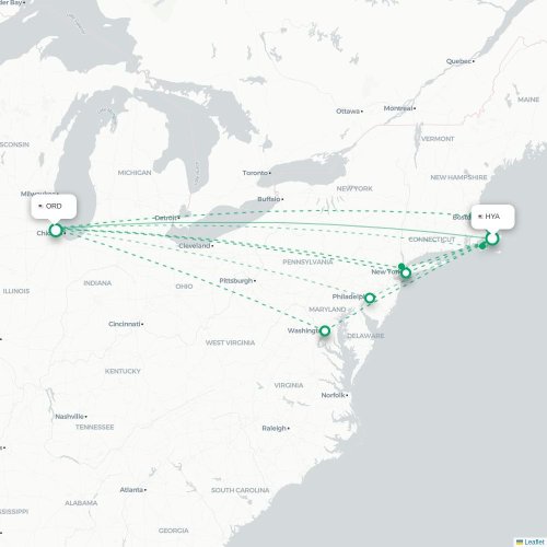 Mapa de vuelo directo Hyannis - Chicago