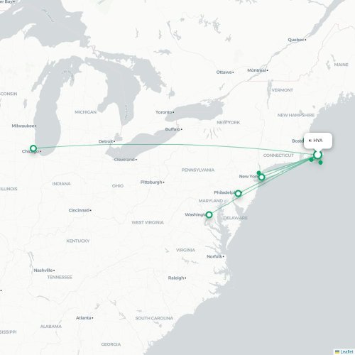 Mapa de vuelo directo Hyannis - Washington D. C.