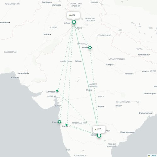Mapa de vuelo directo Hyderabad - Amritsar