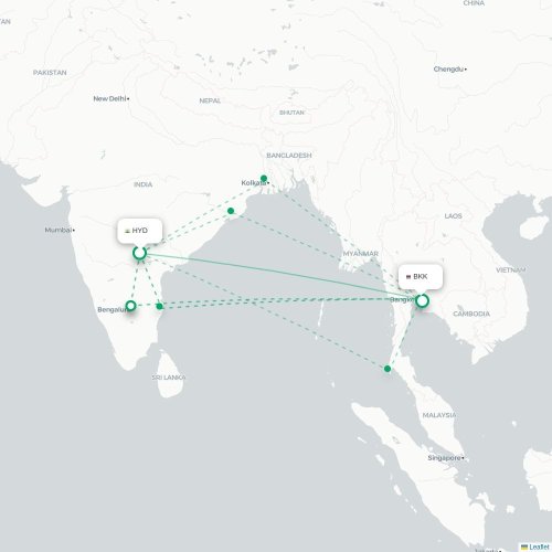 Hyderabad – Bangkok suoran lennon kartta