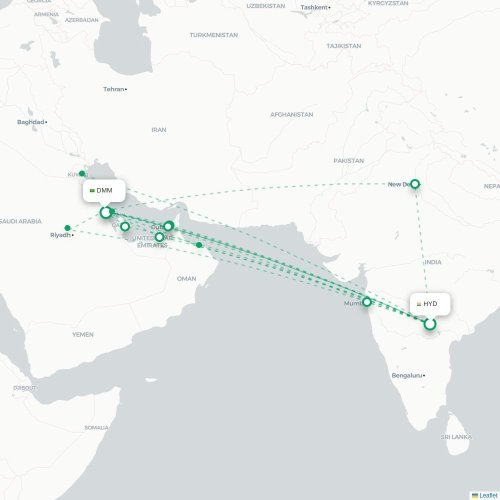 Mapa de vuelo directo Hyderabad - Dammam