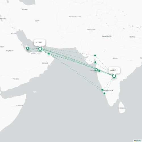 Mapa de vuelo directo Hyderabad - Dubái