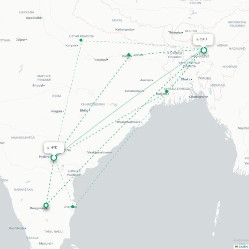 Hyderabad – Guwahati suoran lennon kartta