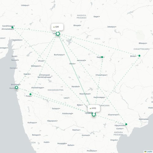 Mapa de vuelo directo Hyderabad - Indore