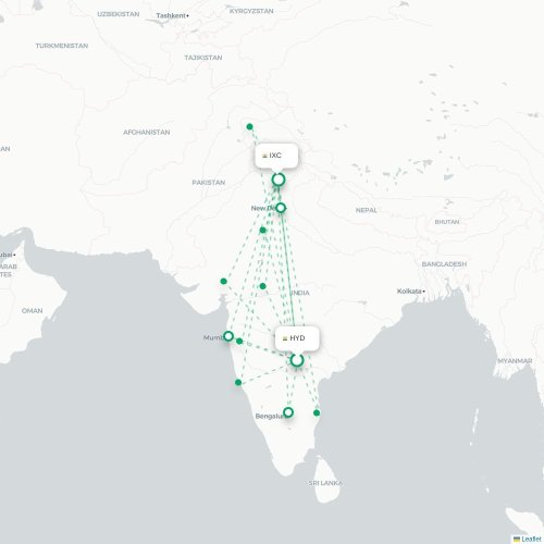 Mapa de vuelo directo Hyderabad - Chandigarh