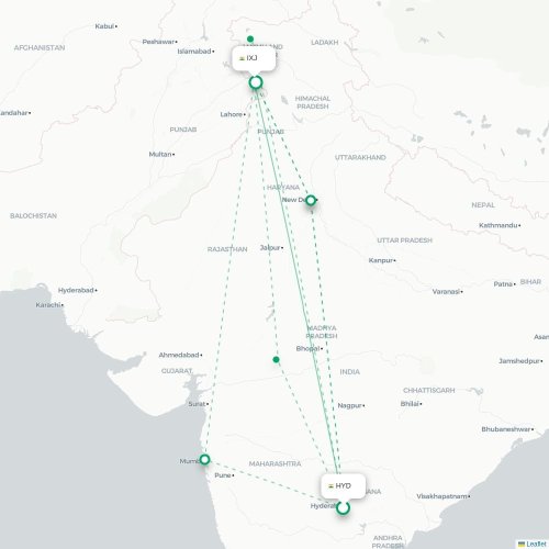 Mapa de vuelo directo Hyderabad - Jammu