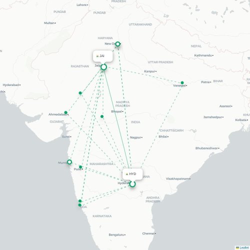 Hyderabad – Jaipur suoran lennon kartta