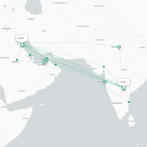 Mapa lotu bezpośredniego Hyderabad – Kuwejt