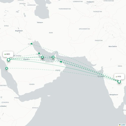 Mapa de vuelo directo Hyderabad - Medina