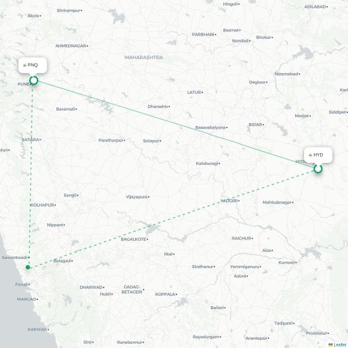 Hyderabad – Pune suoran lennon kartta