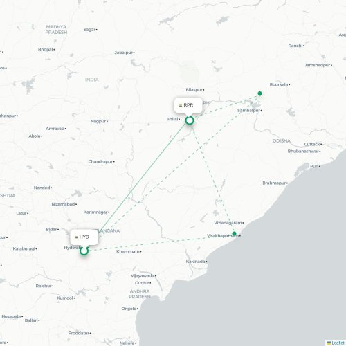 Mapa de vuelo directo Hyderabad - Raipur