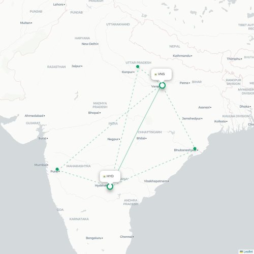 Hyderabad - Varanasi kort over direkte fly