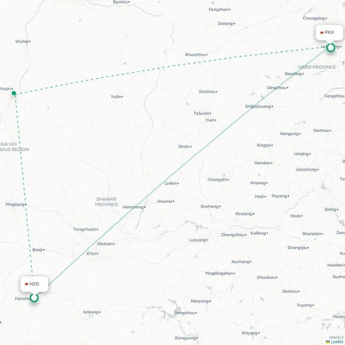 Mapa lotu bezpośredniego Hanzhong – Pekin