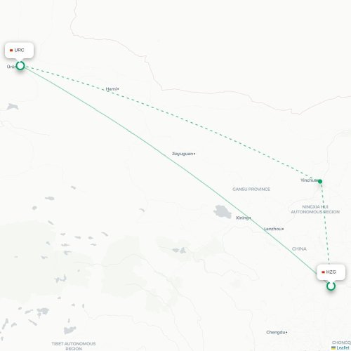 Mapa lotu bezpośredniego Hanzhong – Urumczi