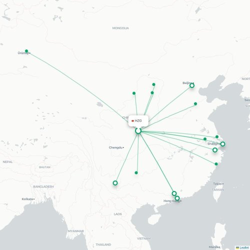 Mapa lotu bezpośredniego Hanzhong – Ordos City