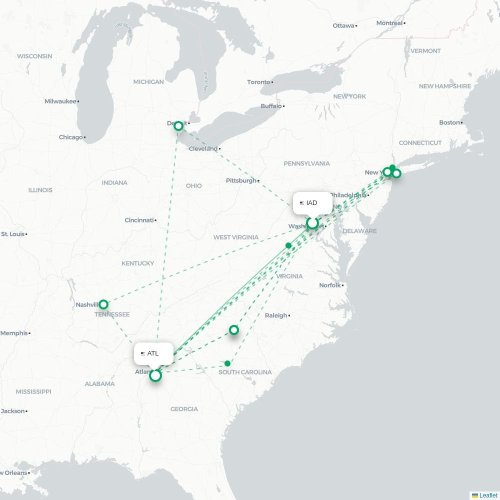 Mapa lotu bezpośredniego Waszyngton – Atlanta