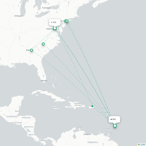 Mapa lotu bezpośredniego Waszyngton – Bridgetown