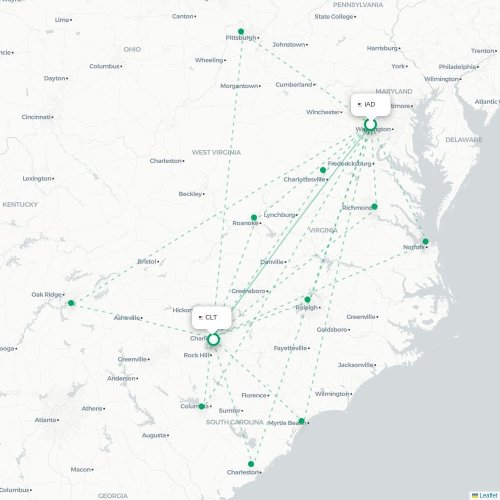Mapa lotu bezpośredniego Waszyngton – Charlotte