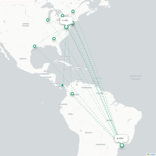Mapa de vuelo directo Washington D. C. - São Paulo