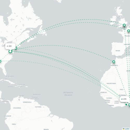 Mapa de vuelo directo Washington D. C. - Lagos