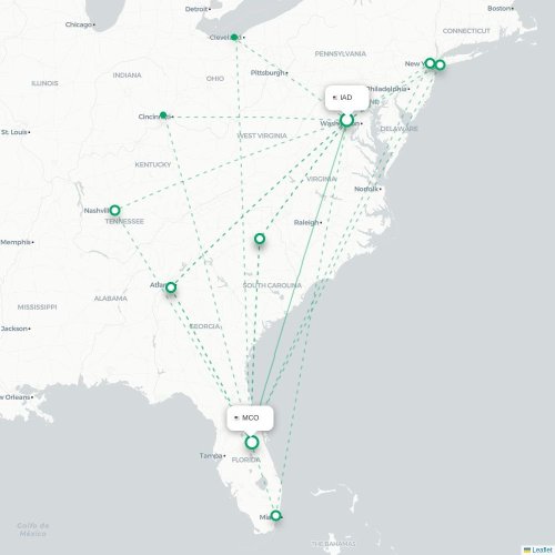 Mapa lotu bezpośredniego Waszyngton – Orlando
