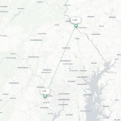 Washington D.C. - Harrisburg kaart van rechtstreekse vlucht